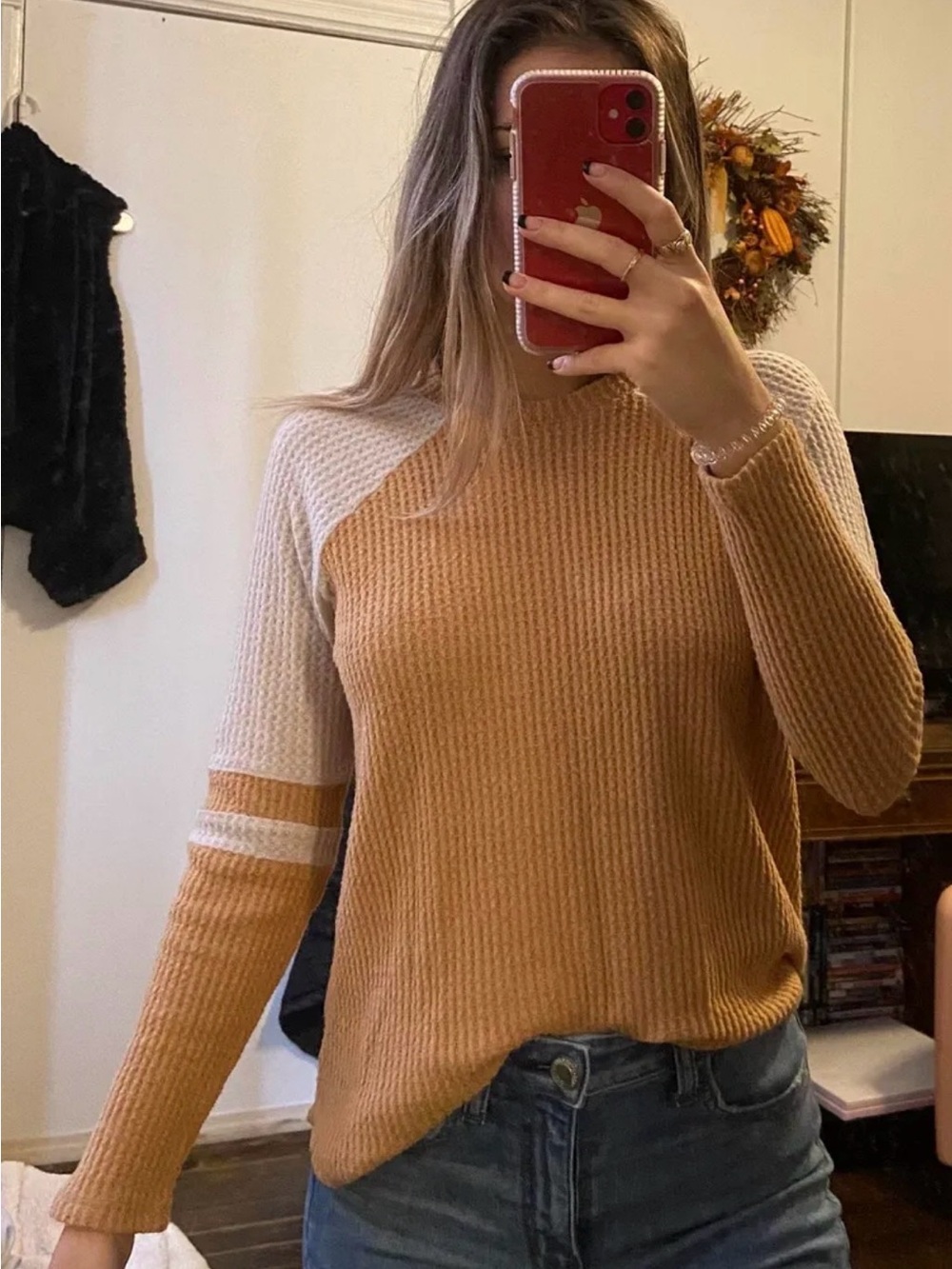 Waffle Knit Women's knit Tshirt  in Camel and Cream.